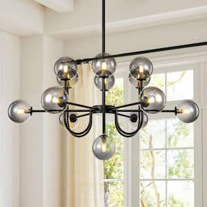 Isaiah 13-Light Black Sputnik Chandelier with Smokey Glass Globe