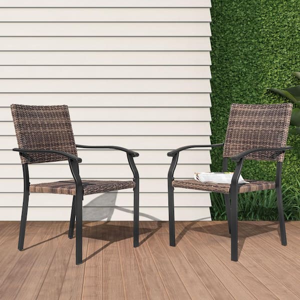 Nuu Garden Black Wicker and Iron Outdoor Dining Chairs with Powder ...