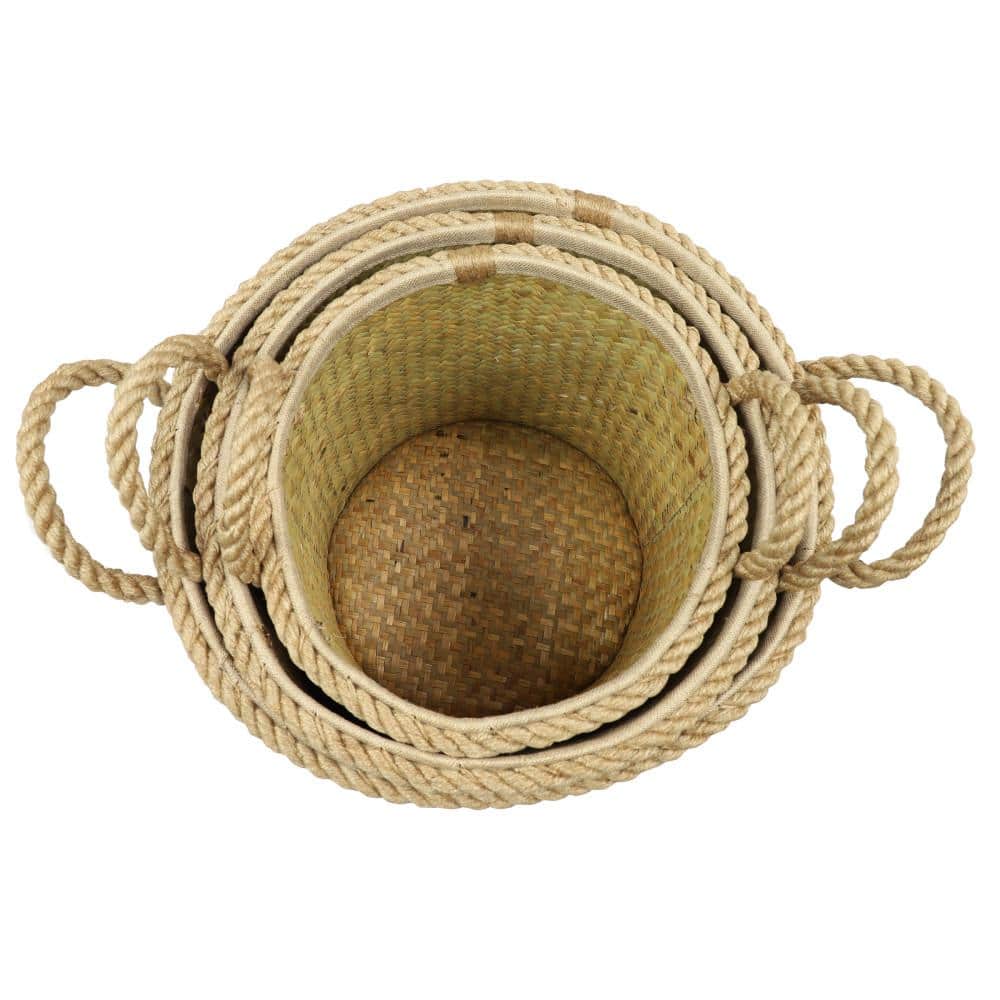 White and Beige Seagrass Round Storage Basket Set