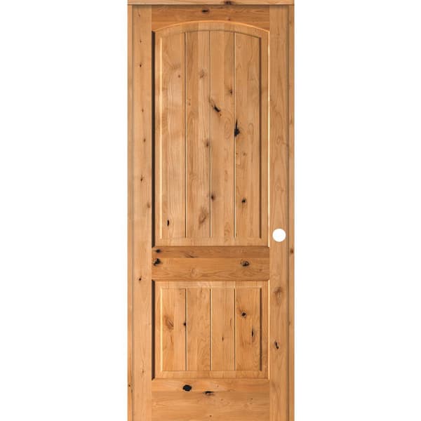 Krosswood Doors 32 in. x 96 in. Knotty Alder 2-Panel Left-Hand Arch Top V-Groove Clear Stain Solid Wood Single Prehung Interior Door