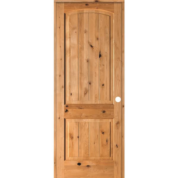 28 in. x 96 in. Knotty Alder 2 Panel Left-Hand Arch Top V-Groove Clear Stain Solid Wood Single Prehung Interior Door