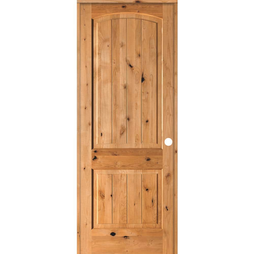 30 in. x 96 in. Knotty Alder 2-Panel Left-Hand Arch Top V-Groove Clear Stai