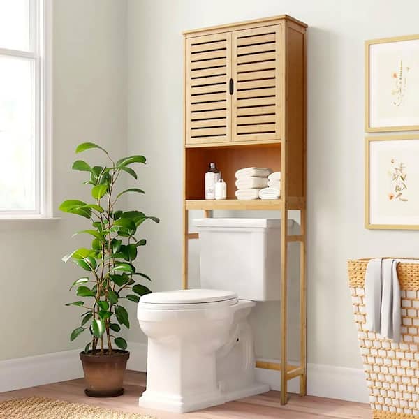VEIKOUS 23.5 in. W x 66.9 in. H x 9.2 in. D Yellow Bamboo Bathroom Over-the-Toilet Storage with Removable Shelf and Doors