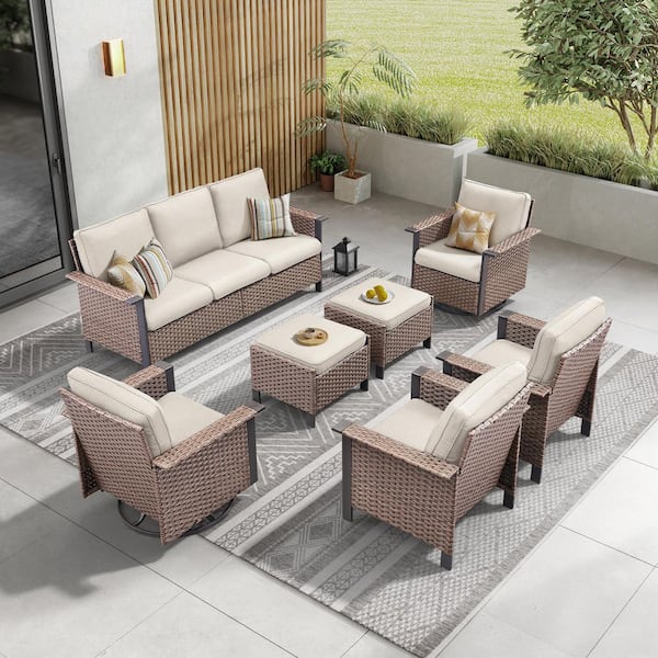 Gollu 7-Piece Wicker Patio Conversation Sets with Lounge Chairs, Rattan Outdoor Furniture Set with Beige Cushions