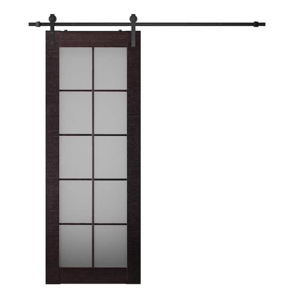 Belldinni Paola 36 in. x 84 in. 10-Lite Frosted Glass Gray Oak Wood Composite Sliding Barn Door with Hardware Kit