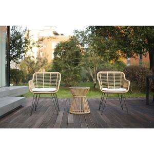 Balcony Furniture 3-Piece Patio Set Wicker Outdoor Recliner Chairs with Glass Top Table and Beige Soft Cushion