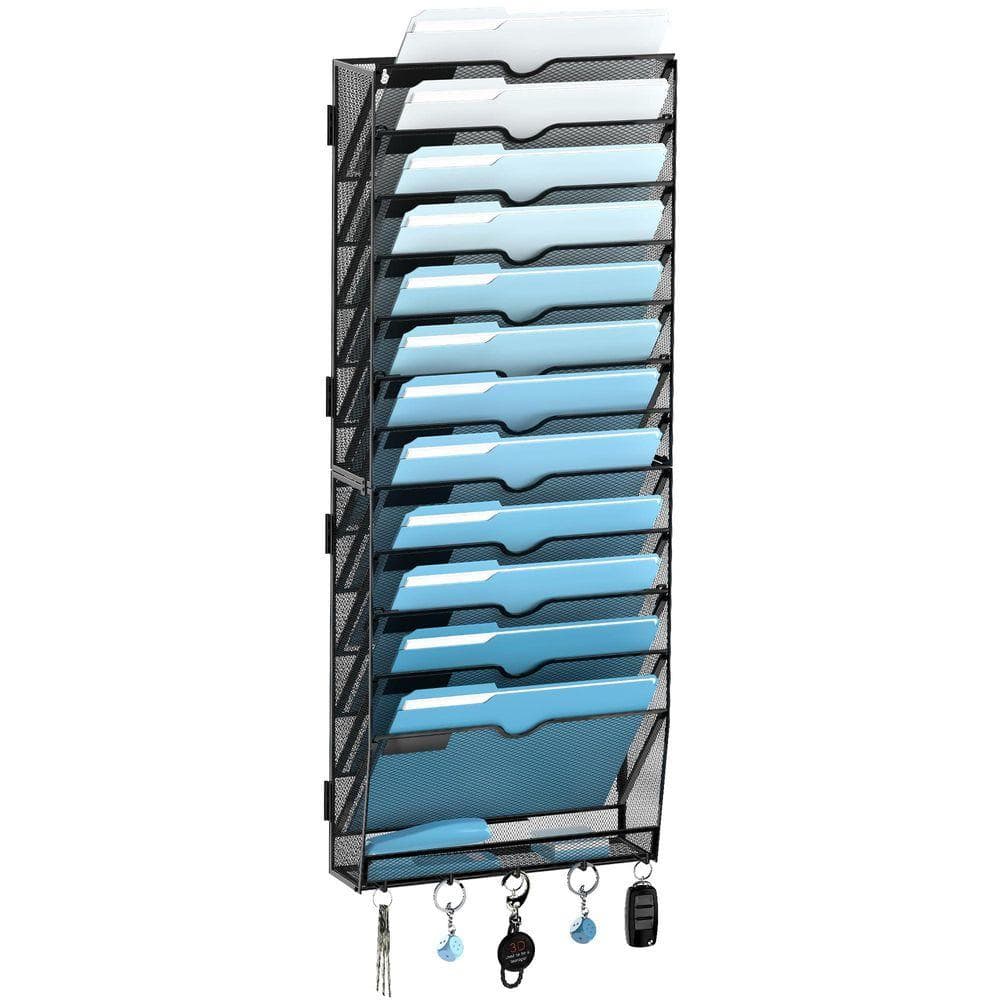 13-Tier Black Wall File Organizer with Hooks, Mesh Hanging File