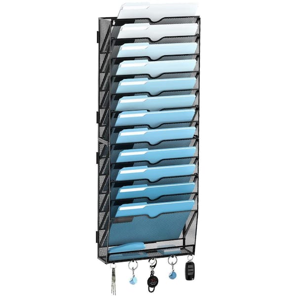 13-Tier Black Wall File Organizer with Hooks, Mesh Hanging File