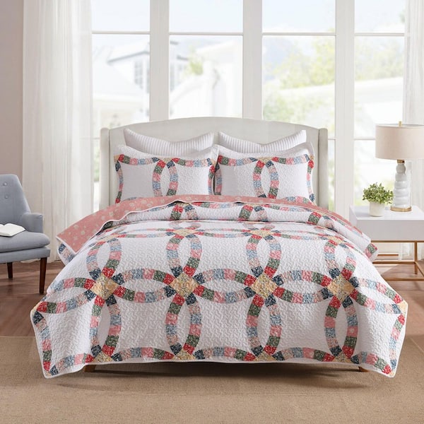 CP325 3 Pieces Double-Ring Chain Patchwork King Size Cotton Quilt Bedspread Set