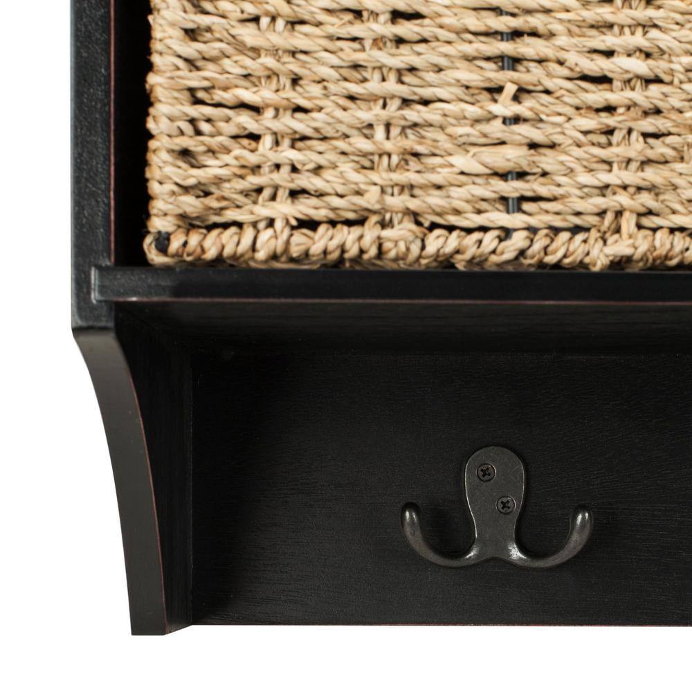 Black Pine Wall Hook Rack with 3 Wicker Baskets