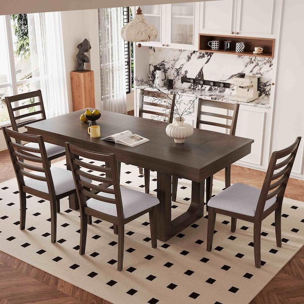 7-Piece Rectangular Extendable Brown Wood Top Dining Table Set Seats 6 with Rustic Table and 6 Upholstered Chairs