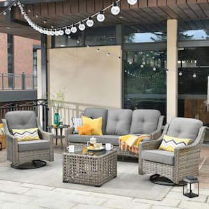 Verona Grey 5-Piece Wicker Modern Outdoor Patio Conversation Sofa Seating Set with Swivel Chairs and Dark Grey Cushions