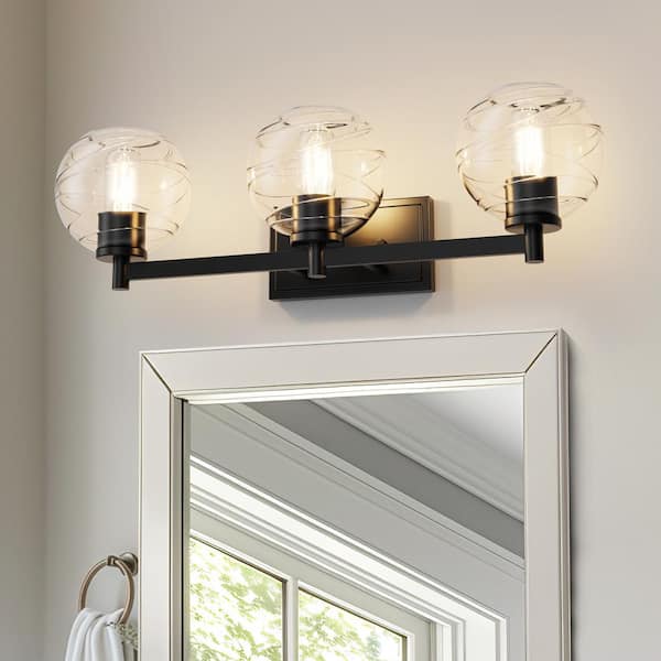 YANSUN 25 in. 3-Light Black Vanity Light with Globe Glass Shades for Bathroom, Mirror, Living Room