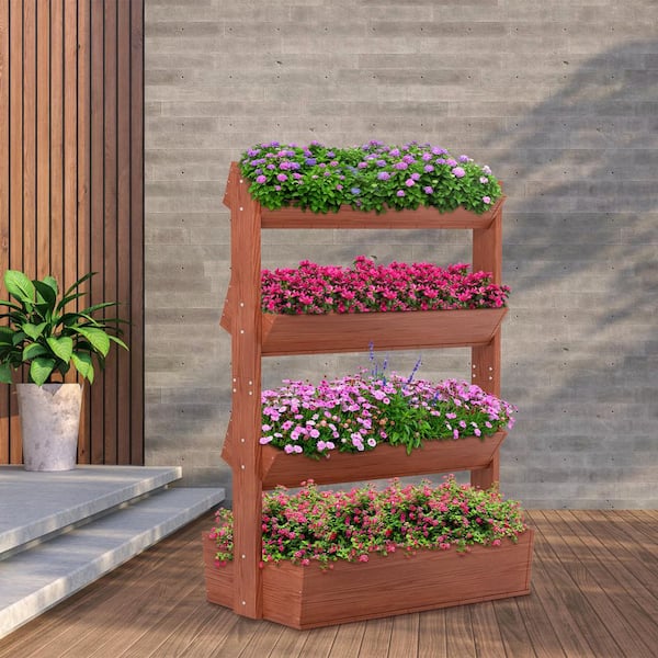 4-Tier Raised Garden Bed Vertical Freestanding Wood Plant Stand Wooden Flower Rack with Ladder and Shelf Red