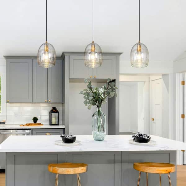 Modern Round Kitchen Island 1-Light Modern Gold Circle Pendant Light with Waterlike Glass Shade