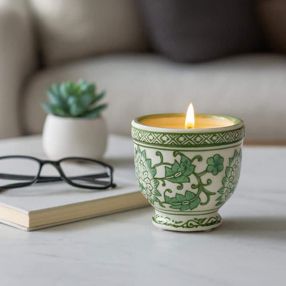  WATER キャンドル 440g Liv & Skye 4 in. x 3.5 in. Green Ceramic Plumeria Scented Bowl