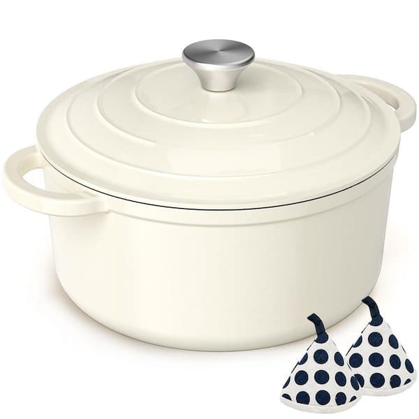 5 qt. Enameled Cast Iron Dutch Oven, Cotton Potholders, Heavy-Duty Cookware, Bread Baking, Braising, Stews, Cream White