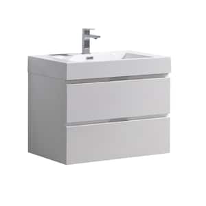 Valencia 30 in. W Wall Hung Bathroom Vanity in Glossy White with Acrylic Vanity Top in White