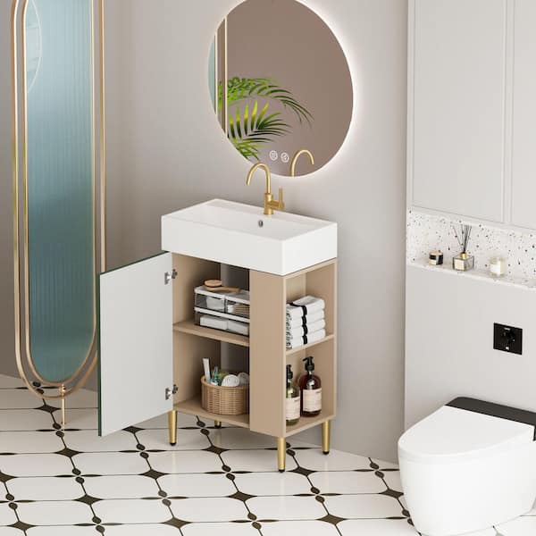 Timell 21.6 in. Modern Freestanding Green Bath Vanity with White Ceramic Top, Right Side Cabinet, Shelves