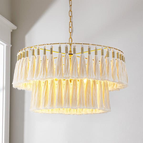 Riva 6-Light Modern Farmhouse Gold 2-Tiered Natural Beige Rope Drum Chandelier with Tassel Accents