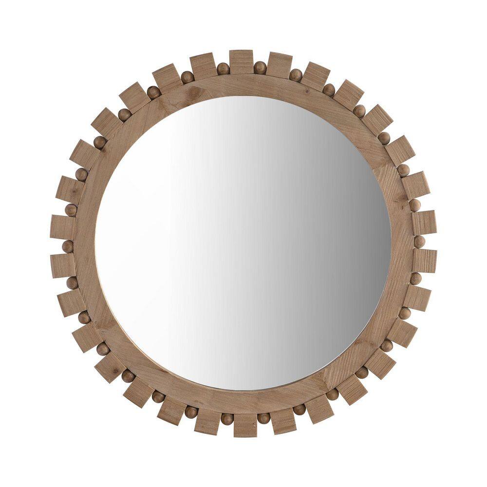 28 in. W x 28 in. H Round Rustic Solid Wood Framed Wall Mirror Light Brown Finish with Gear & Bead Accent Details
