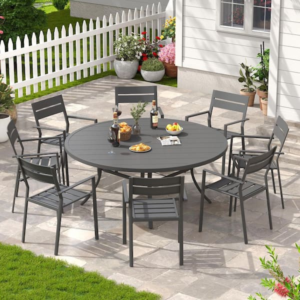 9-Piece Metal Outdoor Dining Set with 53 in. Gray Round Patio Table and 8 Gray All-Weather Stackable Dining Chairs