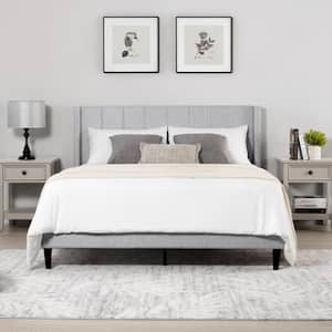 Aldrich Grey Wood and Metal Frame Upholstered Full Wingback Platform Bed with Channel Tufting Bed Frame with headboard