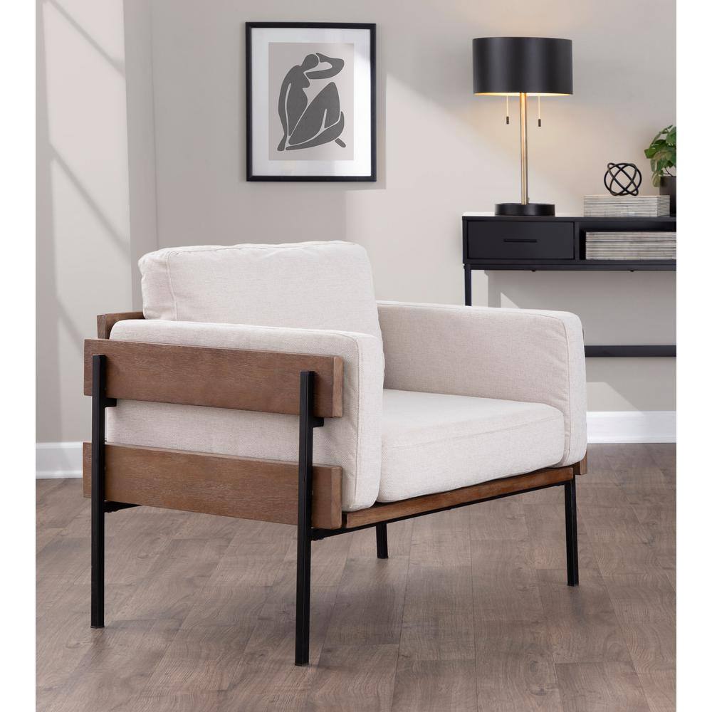 Cream Faux Leather Lawson Accent Chair with Brown Wood and Black Metal