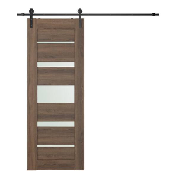 Belldinni Vona 07-03 30 in. x 96 in. 5-Lite Frosted Glass Pecan Nutwood Wood Composite Sliding Barn Door with Hardware Kit