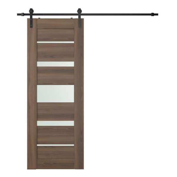 Vona 07-03 32 in. x 80 in. 5-Lite Frosted Glass Pecan Nutwood Wood Composite Sliding Barn Door with Hardware Kit