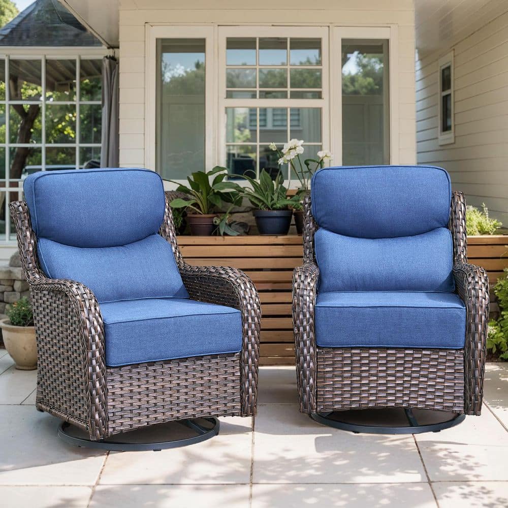 Arcadia Brown Wicker Outdoor Rocking Chair Patio Swivel Glider with 6 in. Thick Navy Blue Box-Edge Cushions (2-Pack) price history on PriceWatchPro
