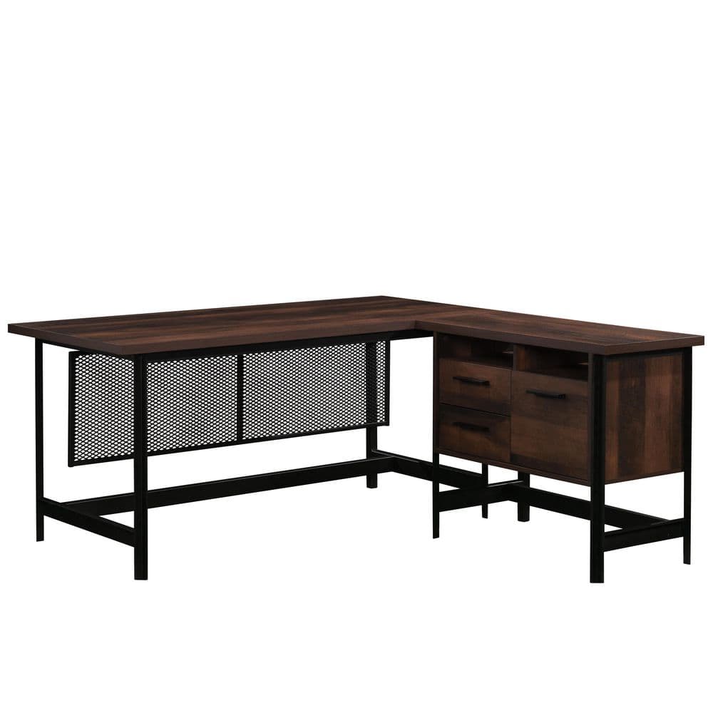 Brown Wood L-Shaped Corner Desk with Drawer and Filing Cabinet