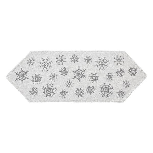 VHC BRANDS Yuletide 8 in. W x 24 in. H Antique White Silver Gray Seasonal Snowflake Cotton Burlap Table Runner
