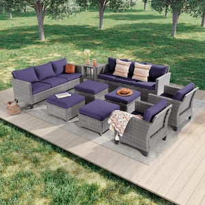 9-Piece Gray Wicker Outdoor Seating Sofa Set with Coffee Table, Navy Blue Cushions