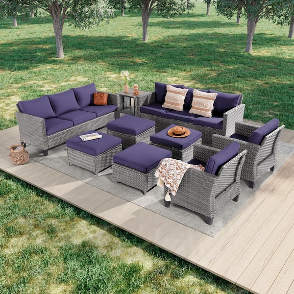 JOYESERY 9-Piece Gray Wicker Outdoor Seating Sofa Set with Coffee Table, Navy Blue Cushions