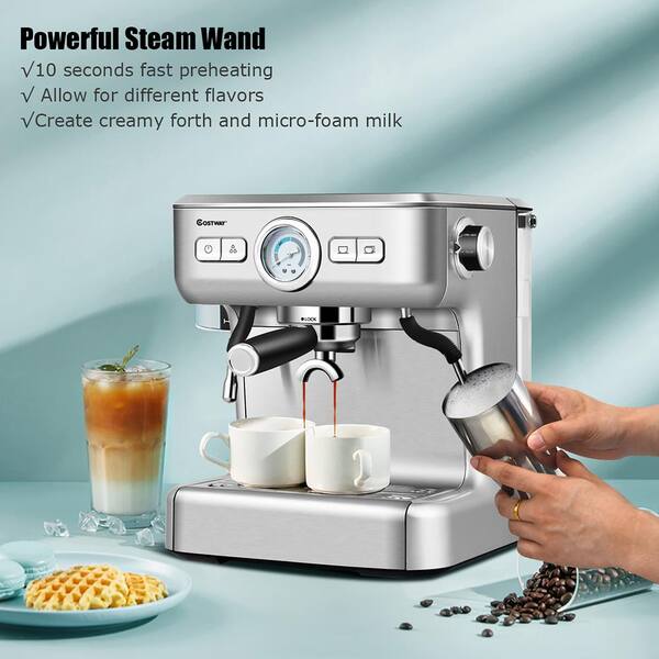 Costway 2 Cup Stainless Steel Semi Auto Espresso Machine Maker With Milk Frother Wand Ep24583us The Home Depot