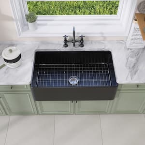30 in. Farmhouse Apron Kitchen Sink Deep Single Bowl Kitchen Sinks in Black Fireclay Undermount Sink with Basin Rack