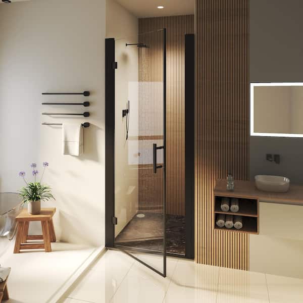 30 to 32 in. W x 72 in. H Pivot Swing Frameless Shower Door in Black with Clear Glass