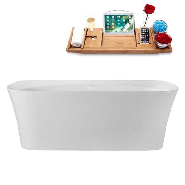 67 in. x 31 in. Acrylic Freestanding Soaking Bathtub in Glossy White with Matte Black Drain, Bamboo Tray