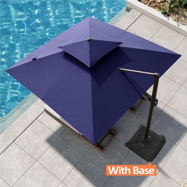 Double Top 11 ft. x 11 ft. Square Aluminum 360° Cantilever Patio Umbrella in Navy Blue with 220 lbs. Umbrella Base