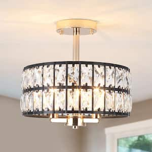 12.59 in. 3-Light Round Black/Gold Drum Chandelier Semi Flush Mount Ceiling Light with Clear Crystal Glass Drum Shade