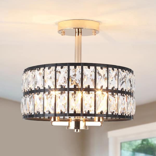 LWYTJO 12.59 in. 3-Light Round Black/Gold Drum Chandelier Semi Flush Mount Ceiling Light with Clear Crystal Glass Drum Shade