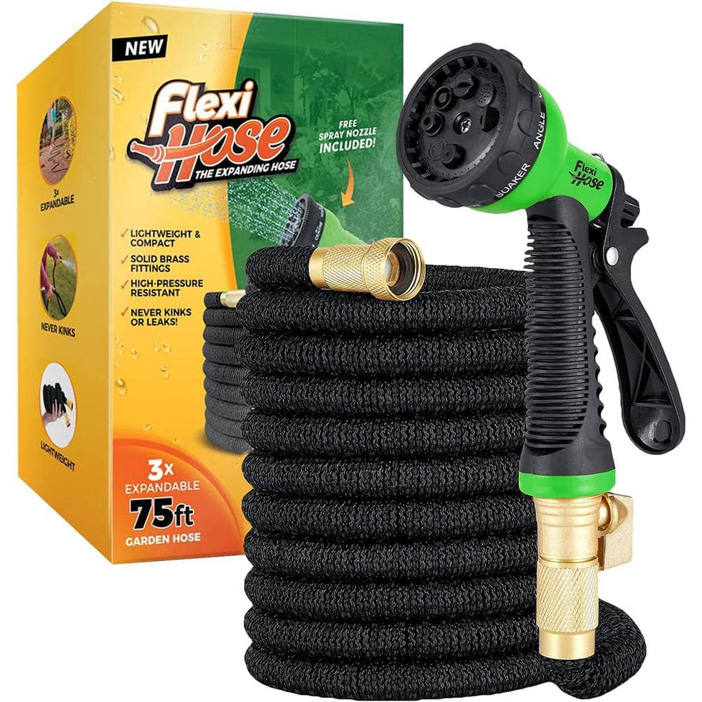 Flexi Hose 3/4 in x 75 ft. with 8 Function Nozzle Expandable Garden Hose, Lightweight & No-Kink Flexible, Black