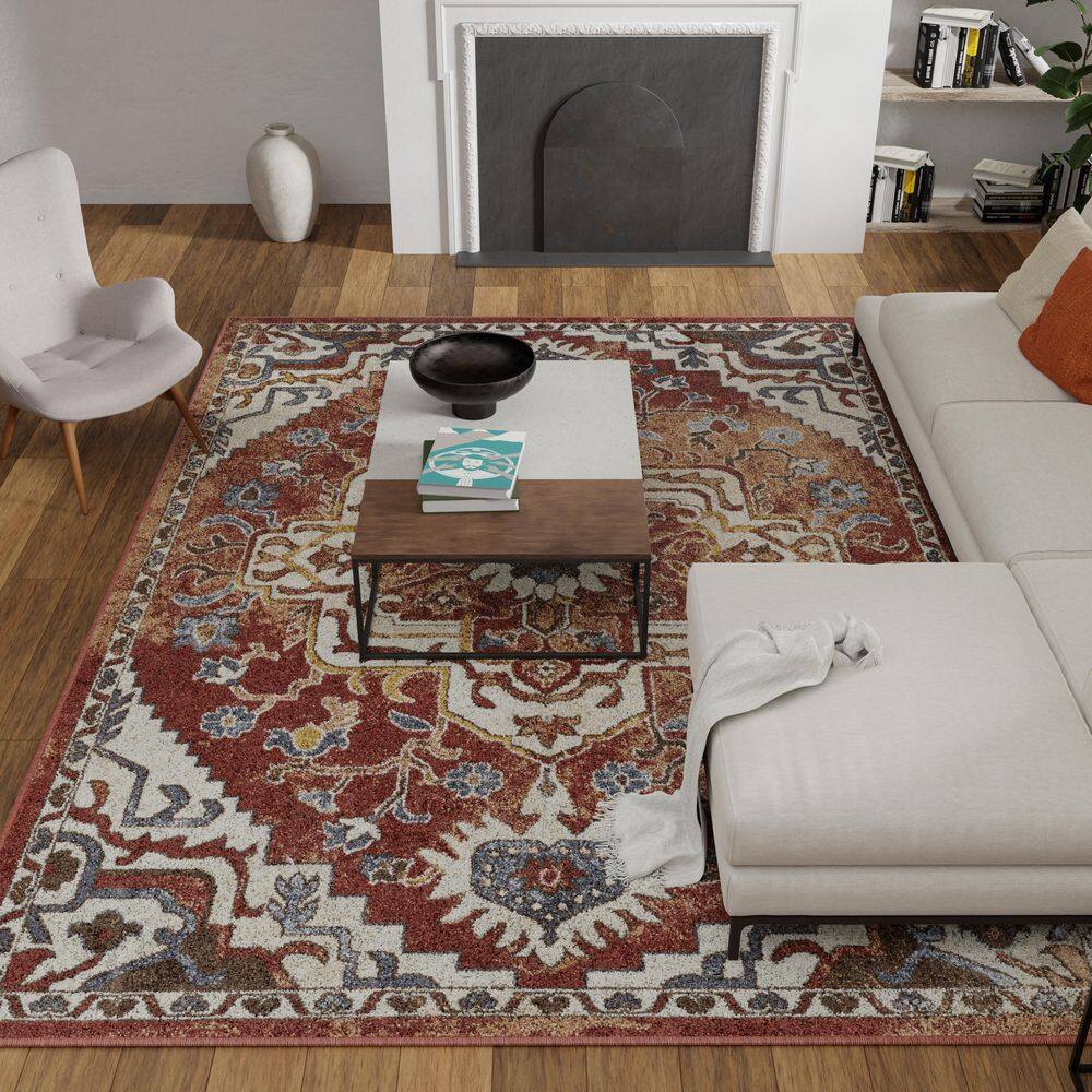 Oriental-Inspired Orange Watercolor 6' x 9' Synthetic Area Rug