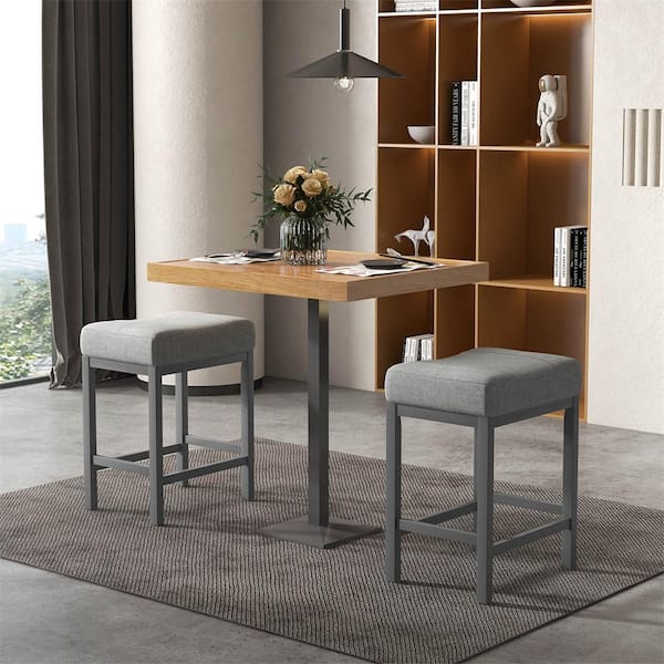 Costway Farmhouse 24.5 in. Gray Backless Rubber Wood Bar Stool with Linen Fabric Seat (Set of 2)