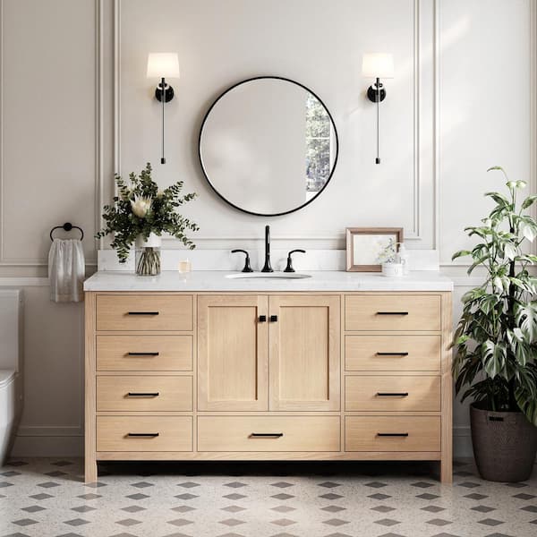 ARIEL Cambridge 66 in. W x 22 in. D x 36 in. H Single Oval Sink Bath Vanity in Oak with Carrara White Quartz Top