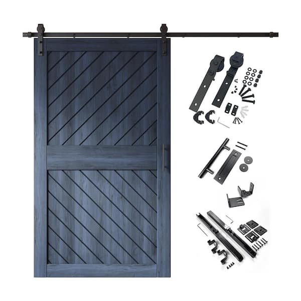 XT3 48 in. x 84 in. C-Panel Navy Slanted Stripe Design Solid Pine Wood Sliding Barn Door with Hardware Kit