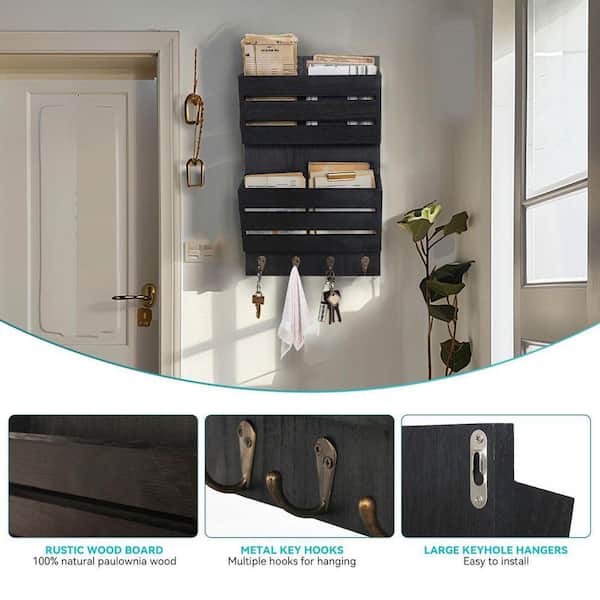 9.8 in.W x 16 in. H Brown Wood Mail Organizer Wall Mount with 4
