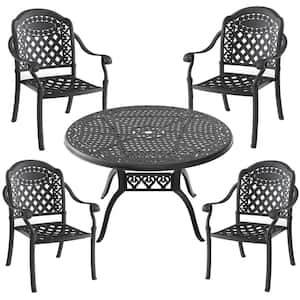 5-Piece Black Cast Aluminum Outdoor Dining Set, Patio Furniture with 48.03 in. Round Table and Random Color Cushions