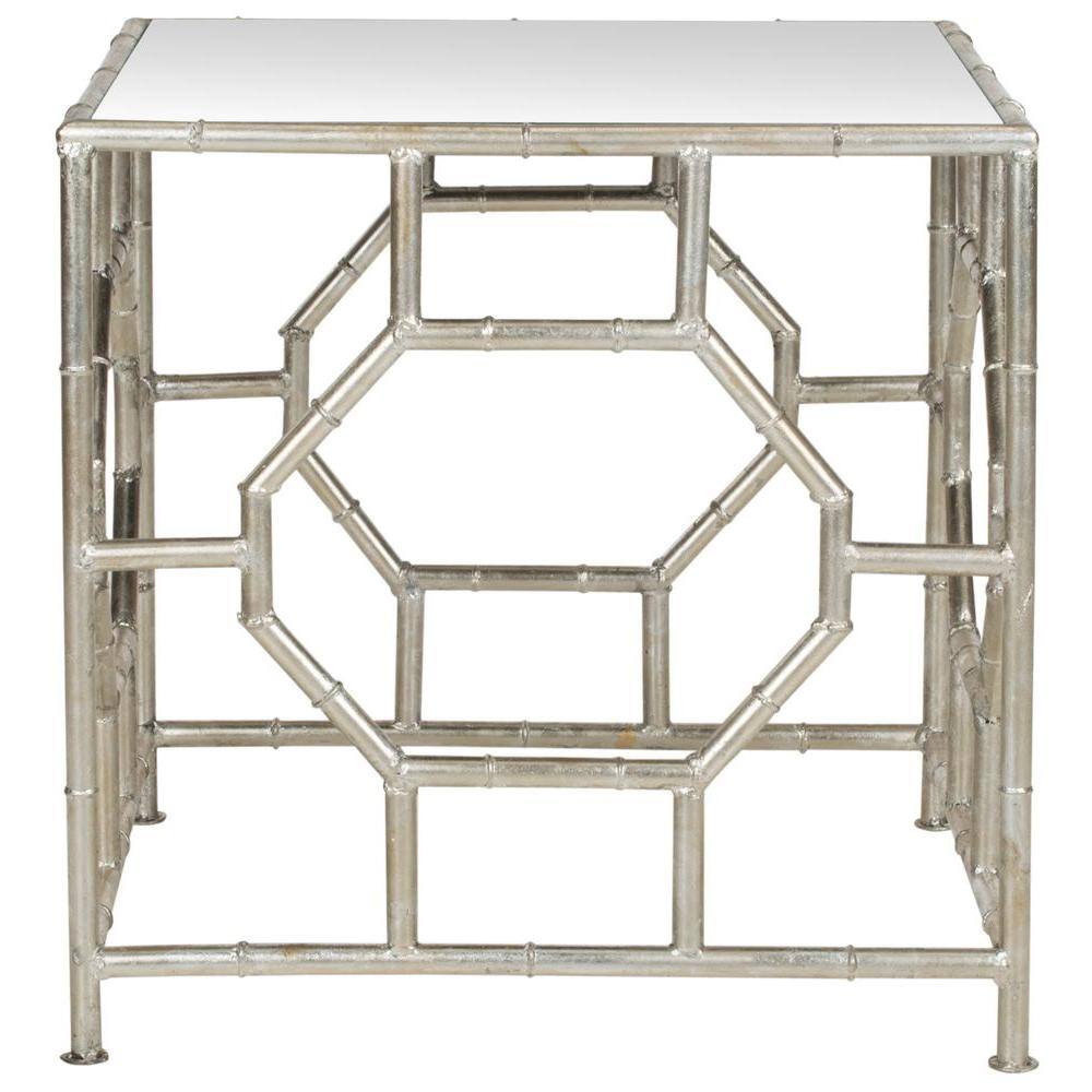 Chic Rory Silver Square Mirrored Accent Table with Faux Bamboo Base